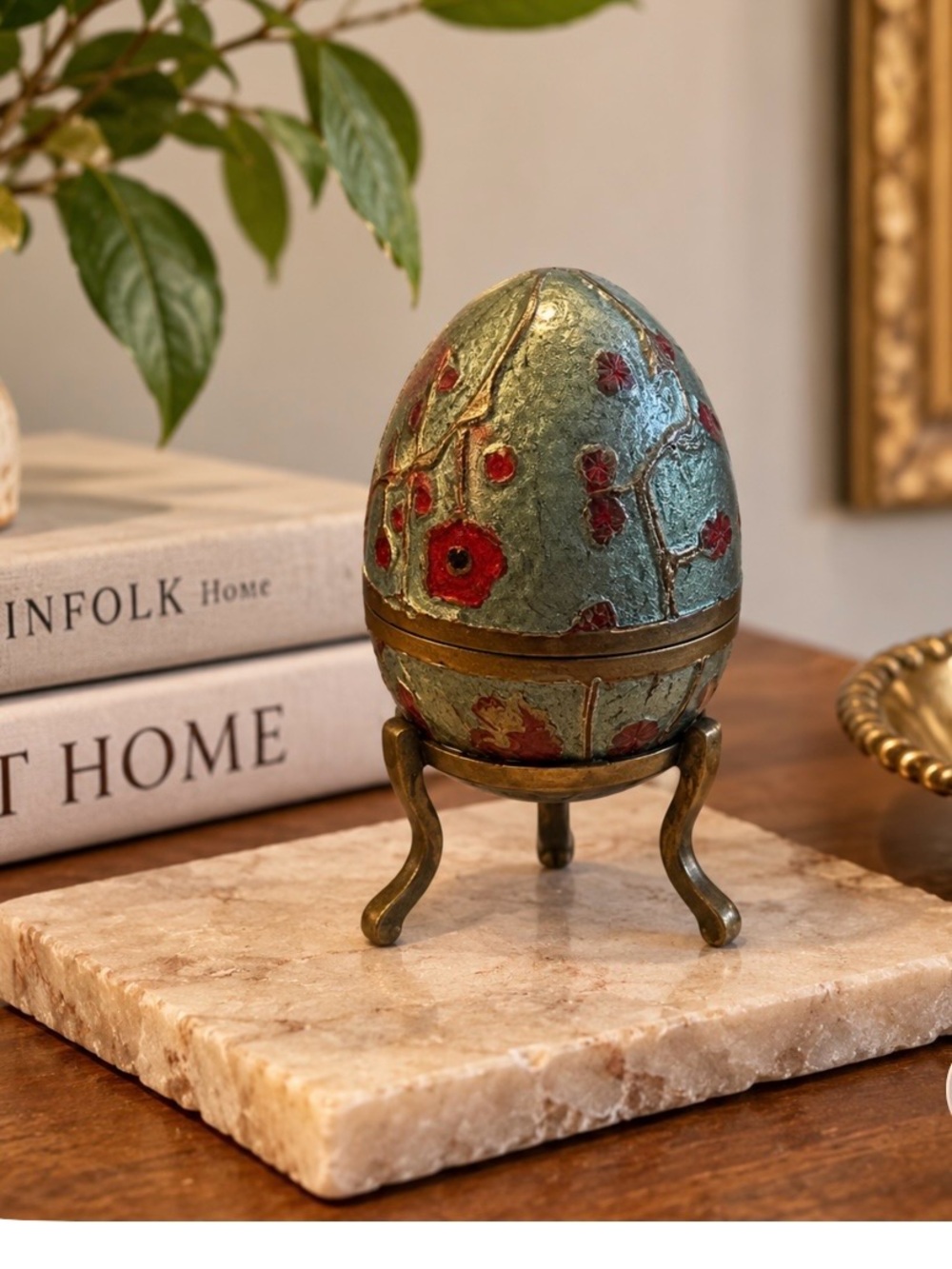 Decorative Floral Egg Trinket Box - Blue & Red